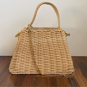 Zara Woven Raffia Straw Structured Handbag with Gold Chain Drawstring Linen